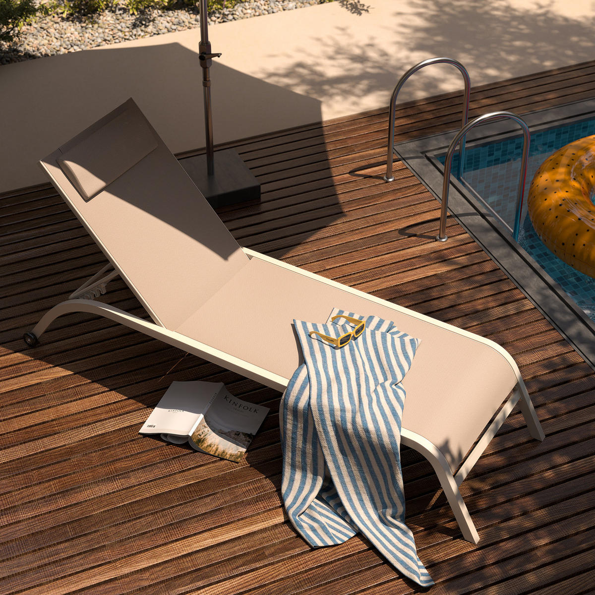 SONNENLIEGE - Polyrattan / Stahl - Beige, Textil/Metall (67/35/196cm) - home24