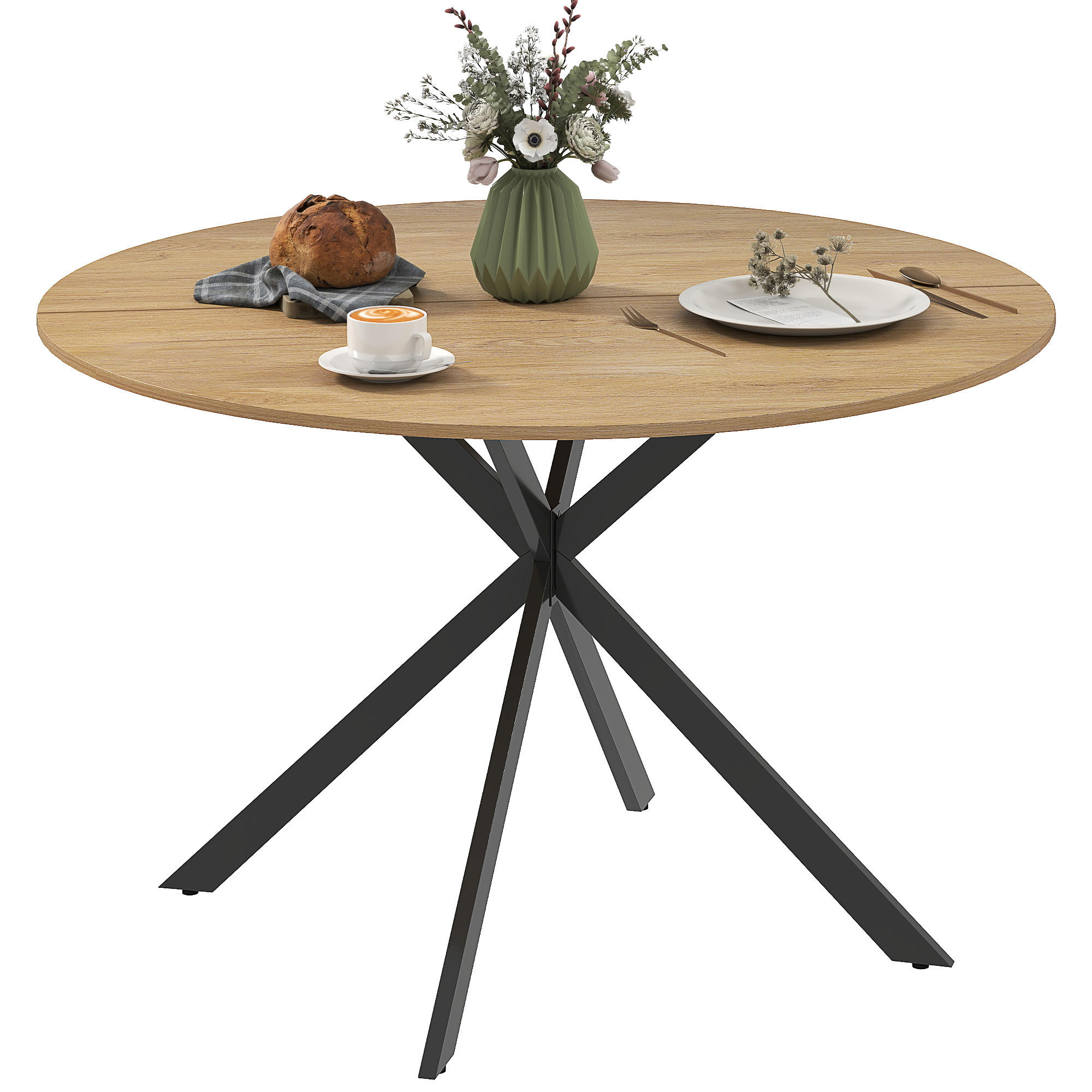 HOMCOM KRUHOVÝ jídelní stůl pro 4 osoby, Ø 120 cm, kuchyňský stůl v industriálním stylu, dub
