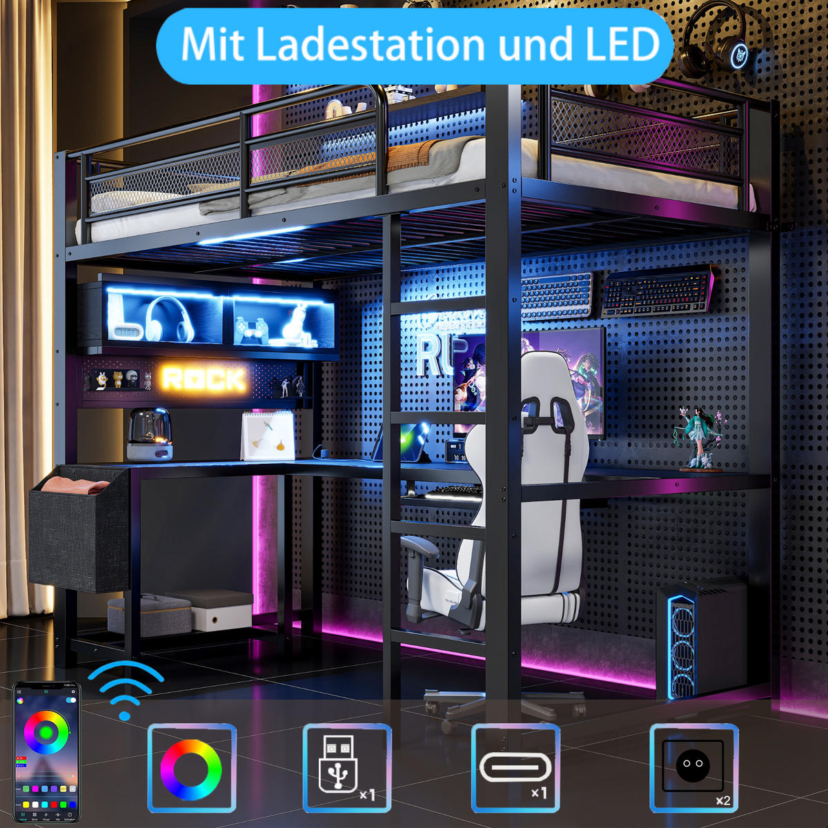 HOCHBETT 90/200 cm in Schwarz aus MDF und Metall mit Schreibtisch, LED und Steckdosen - Schwarz, Holzwerkstoff/Metall (90/200cm) - WISHDOR