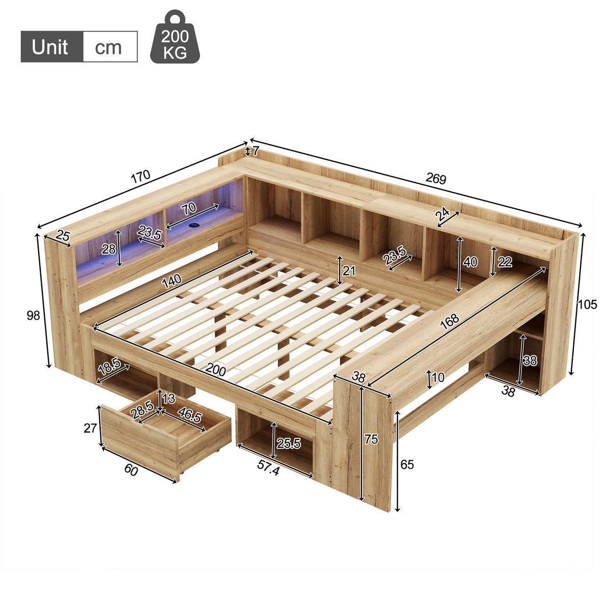STAURRAUMBETT 140/200 cm DE-03117, mit LED, Schreibtisch und Regalen, in Natur - Naturfarben, Holzwerkstoff (140/190cm) - ComfortXL