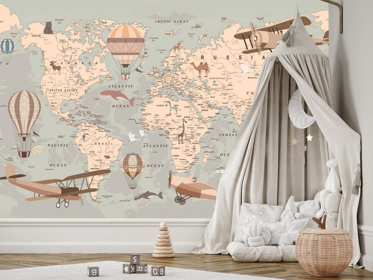 FOTOTAPETE für Kinderzimmer Retro Weltkarte Balony Flugzeuge 500x350 - Beige/Orange, Papier (500/350cm) - Muralo