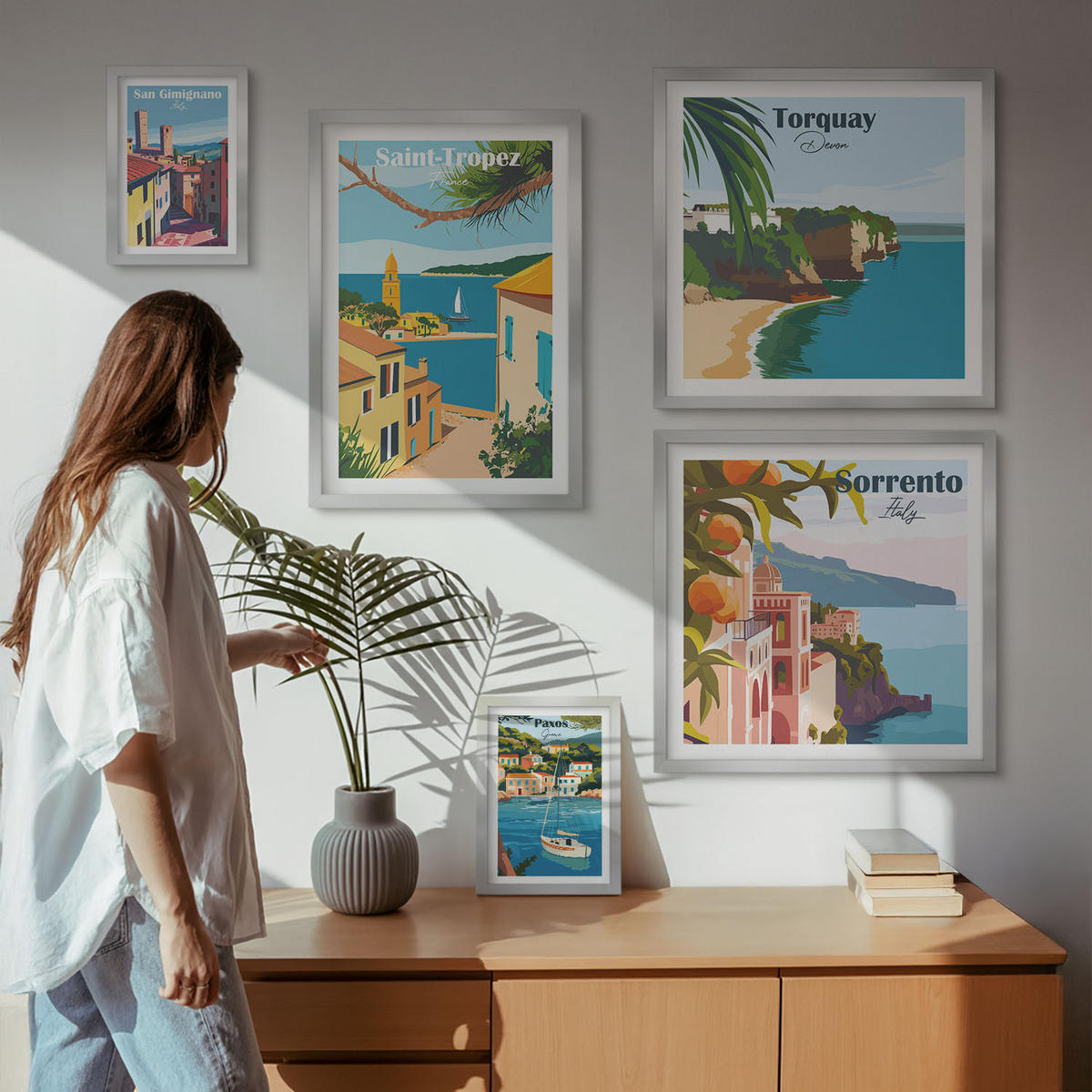 WANDBILDER 5er Set - 50x50 cm & 20x30 cm & 40x60 cm Silberner Rahmen - Retro-Illustrationen von Weltstädten - Silberfarben, Kunststoff (40/60cm) - ArtPrintCave