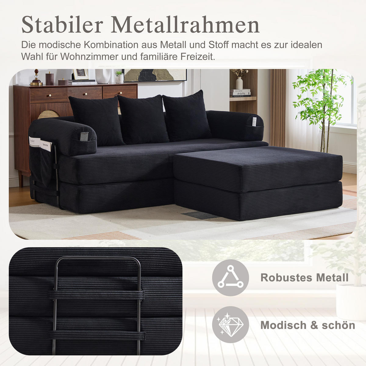 ECKSOFA Cord Schwarz mit Seitentasche und 3 Kissen - Schwarz, Textil/Metall (218/285cm) - WISHDOR