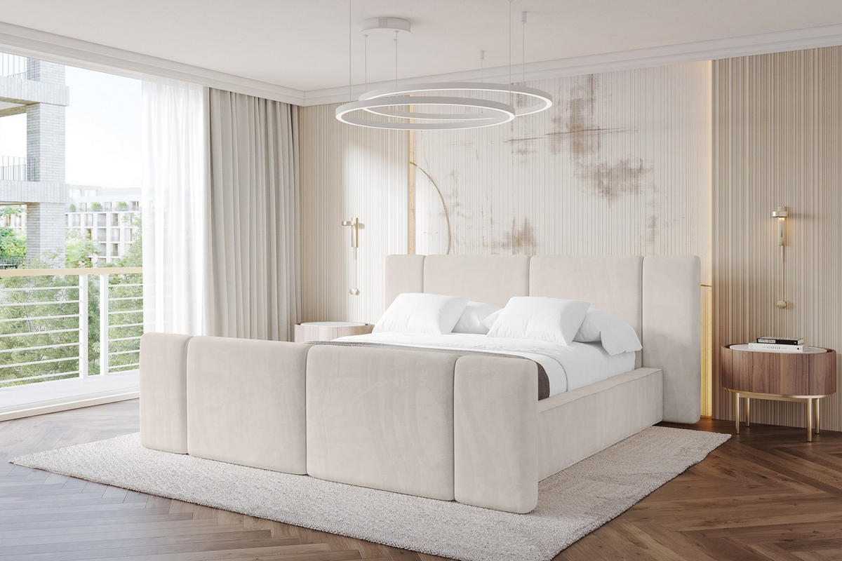 POLSTERBETT mit Bettkasten, Fußteil und Lattenrost, Boxbett ohne Matratze - RIVO-Z 200x200 Beige - Ecru, Holzwerkstoff/Textil (200/200cm) - ALTDECOR