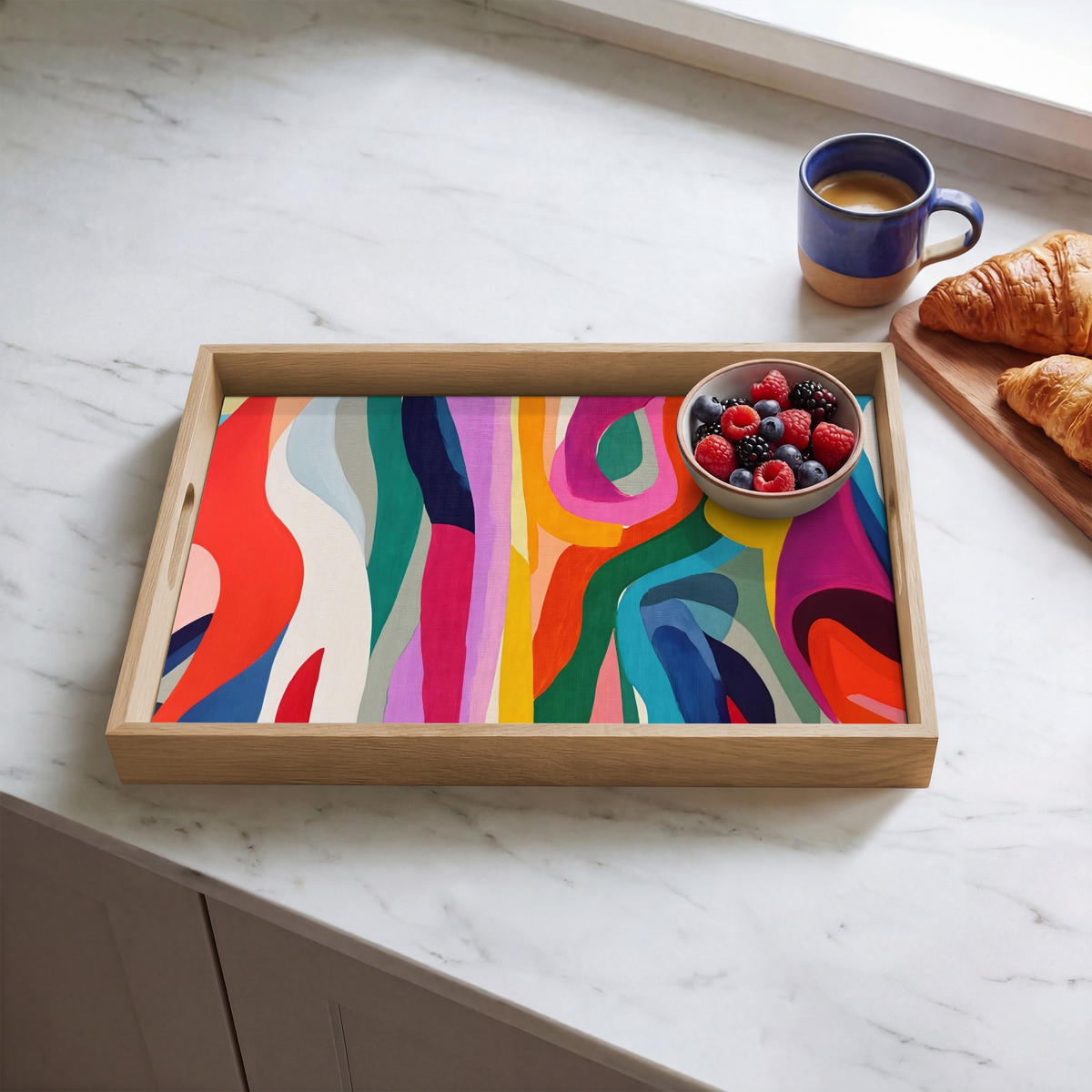 SERVÍROVACÍ PODNOS Abstraktní - barevné - vlny - linie 50x35 cm - různobarevná, dřevo (50/5/5cm) - OnlyWow