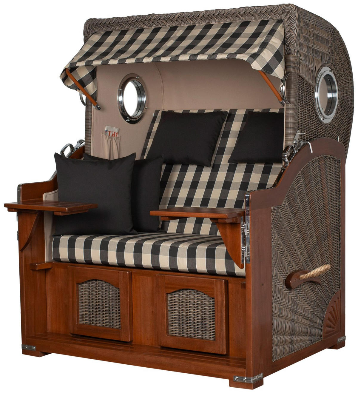 STRANDKORB Komplettset: Ammersee Mahagoni Bullauge - PE grau - Modell 505 - Anthrazit/Beige, Holz/Kunststoff (125/165/80cm) - bene living