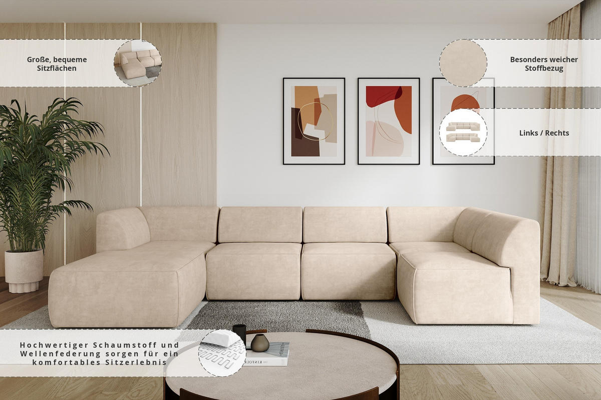 WOHNLANDSCHAFT Ottomane Links MOVA 345x180x78 Beige Samt - Beige/Schwarz, Holzwerkstoff/Kunststoff (180/78/345cm) - ALTDECOR
