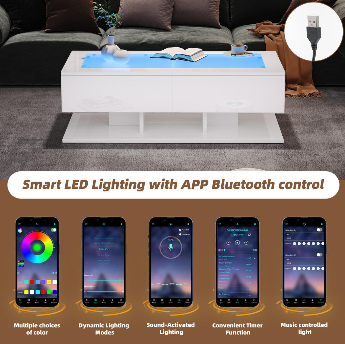 COUCHTISCH aus Spanplatte & Glas 100x50x35 cm in Weiß mit 2 Schubladen & LED - Weiß, Holzwerkstoff (100/50/35cm) - Modfu