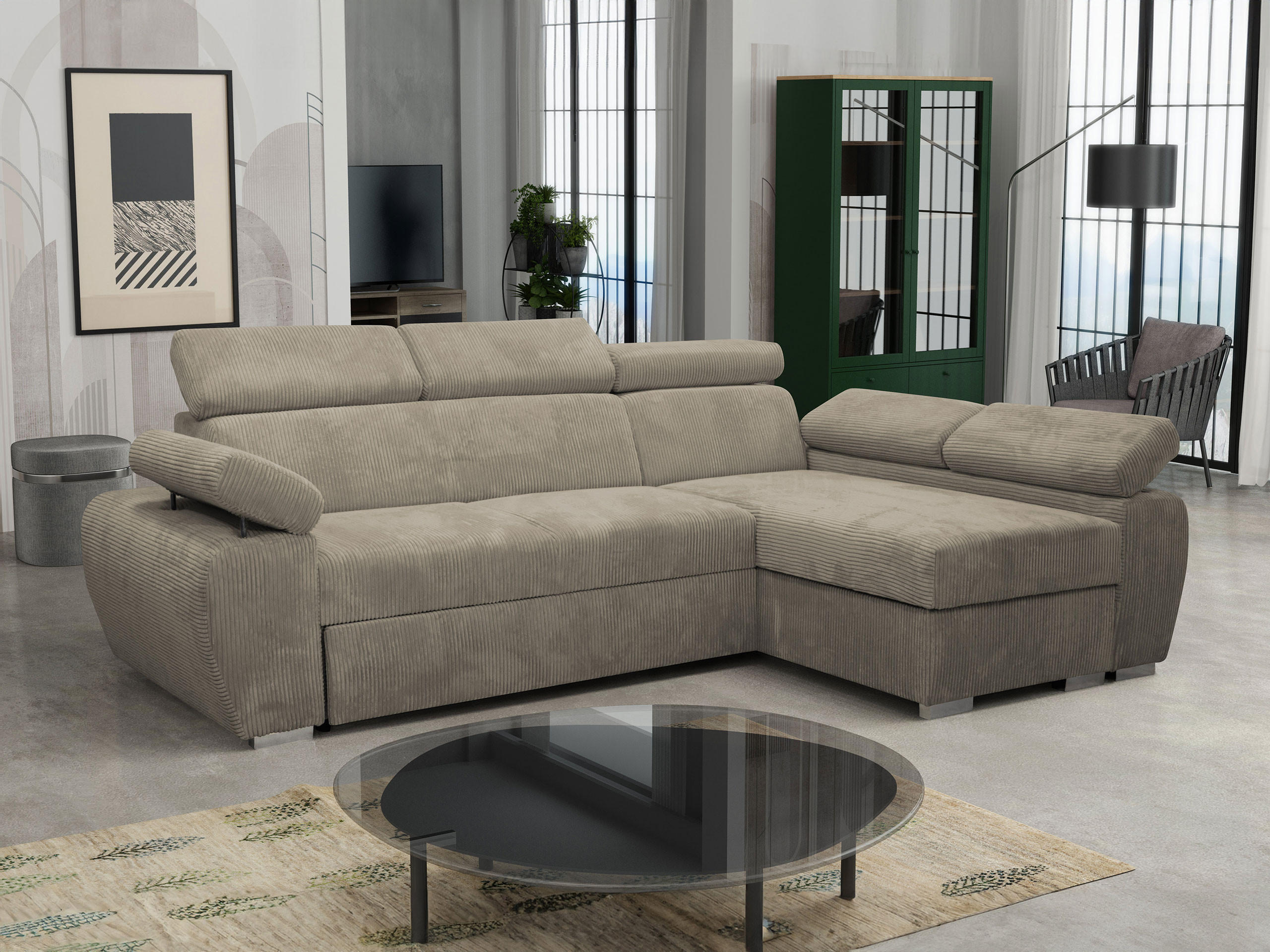 ECKSOFA Boston Mini Premium Cord 2RLC Seite: Rechts 2R+LC - Chromfarben/Naturfarben, Holz/Textil (255/170cm) - MIRJAN24
