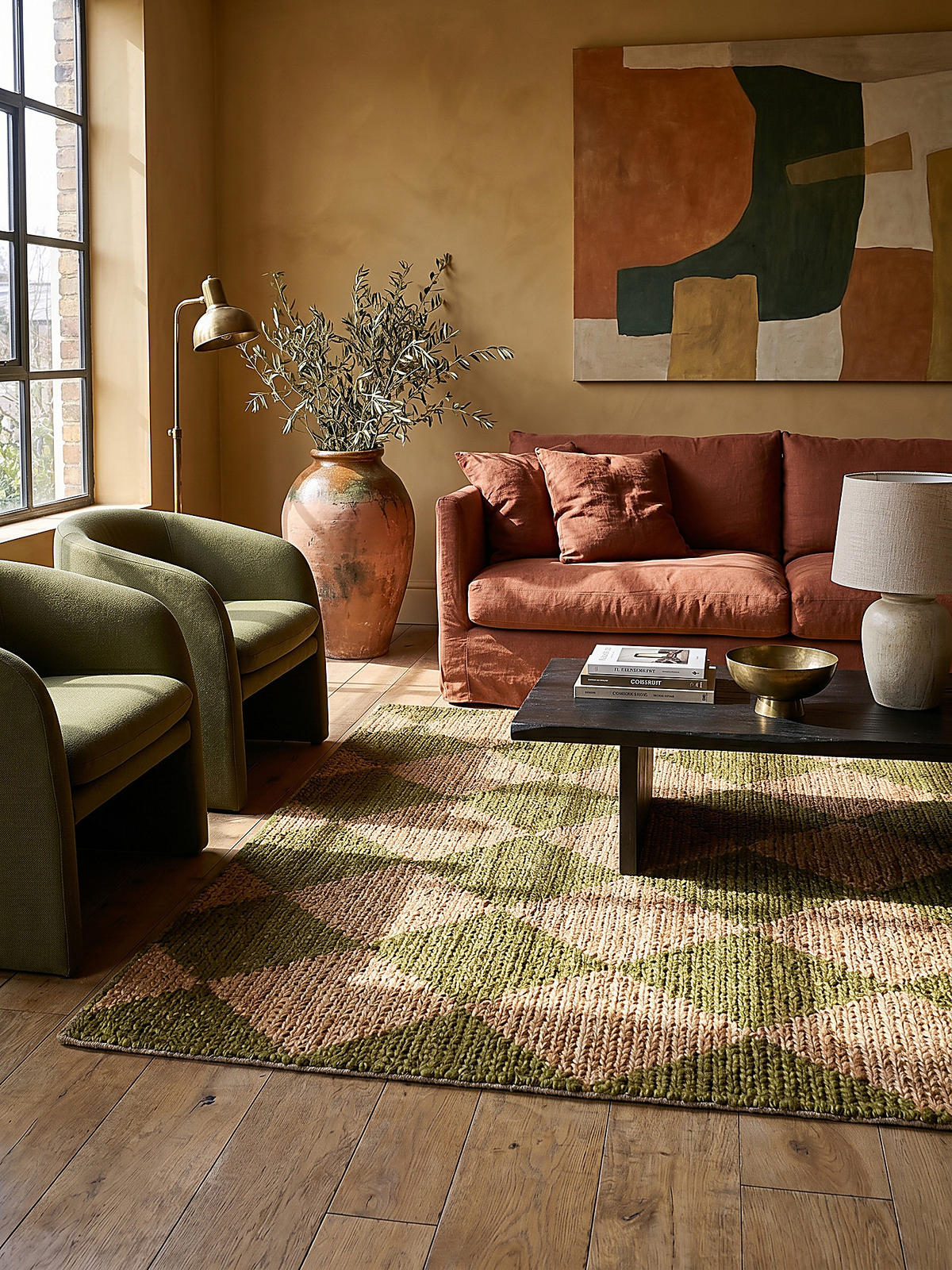 JUTETEPPICH BAIN, mit Rautenmuster, Olivegrün, 160 x 230 cm - Grün, Textil (160/230cm) - KADIMA DESIGN