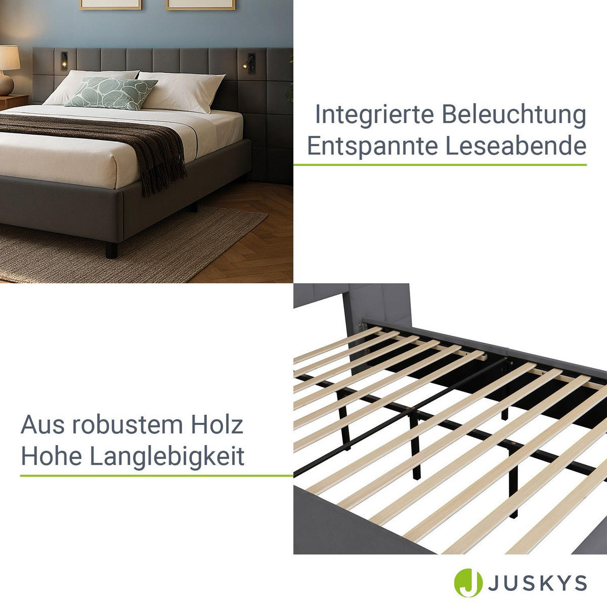 POLSTERBETT Luzano Dunkelgrau Samt mit Leselicht und Matratze - Dunkelgrau, Holz (140/200cm) - Juskys