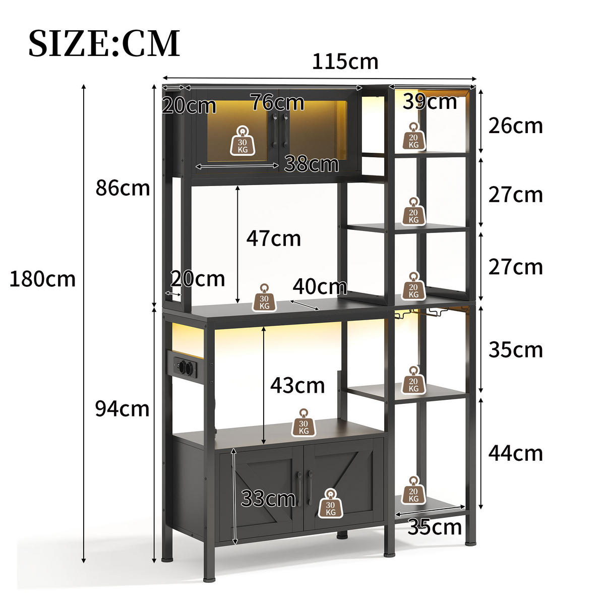 BUFFET 115/40/180 cm Schwarz mit LED-Lichtern, Barregal, Aufbewahrungsfunktion und Weinglashalter - Schwarz, Holz (115/180/40cm) - Oxeza