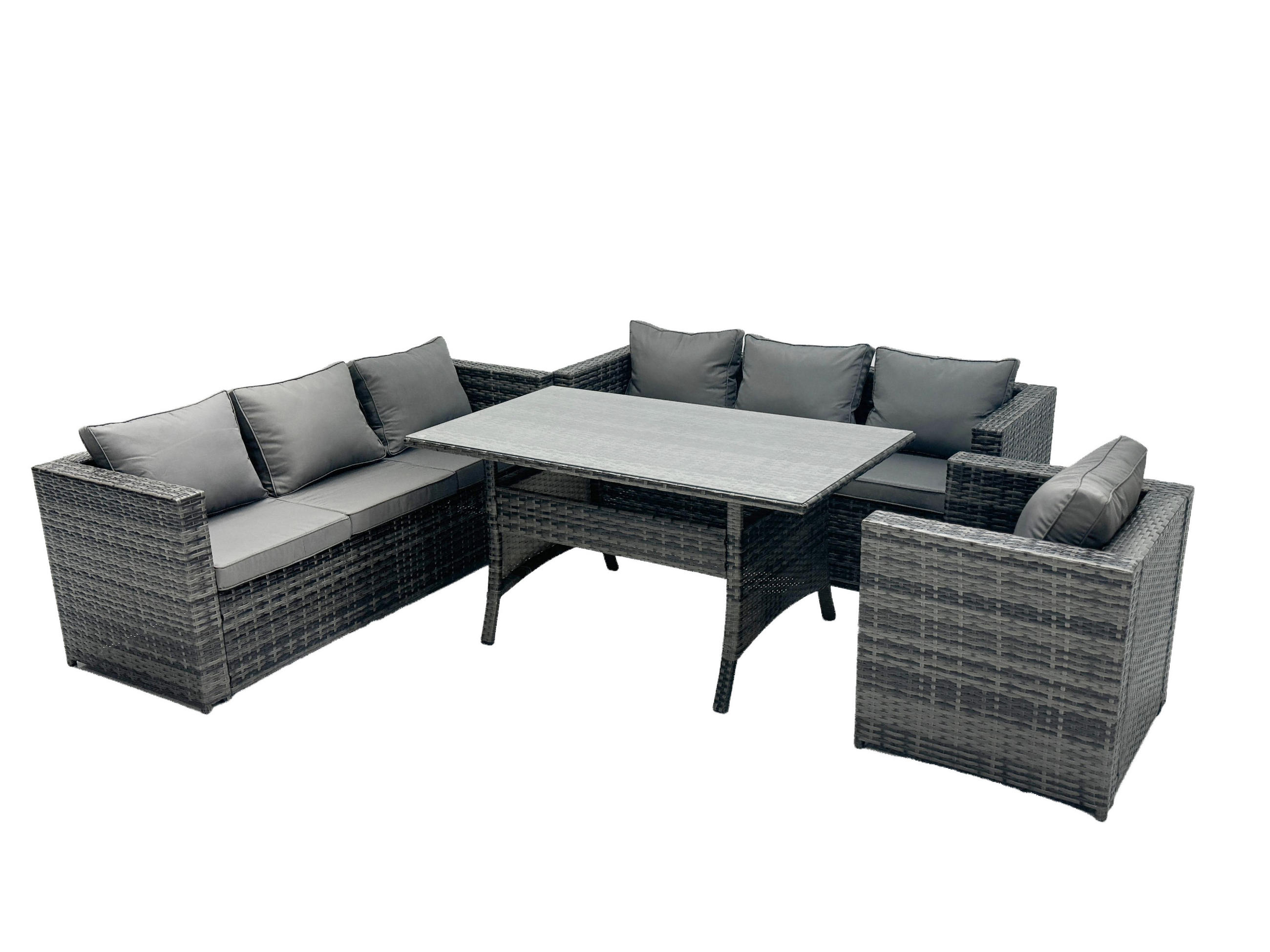 LOUNGEGARNITUR mit Hocker Polyrattan Dunkelgrau 7-Sitzer - Dunkelgrau/Grau, Glas/Kunststoff - Fimous