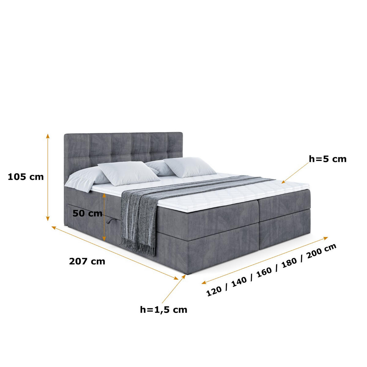 BOXBETT mit Matratze H3 und Lattenrost - MARCE - 160 x 200 cm - Grau - Dunkelgrau, Holzwerkstoff (160/200cm) - ALTDECOR