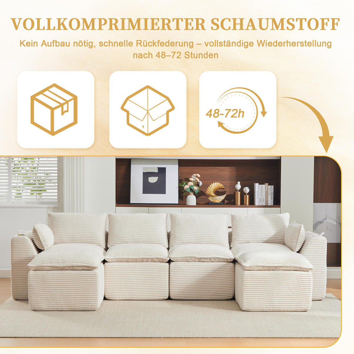 4-SITZER-SOFA aus Chenille, modular mit 2 Fußhockern und Getränkehaltern - Beige, Textil (322/75/161cm) - Urban Meuble