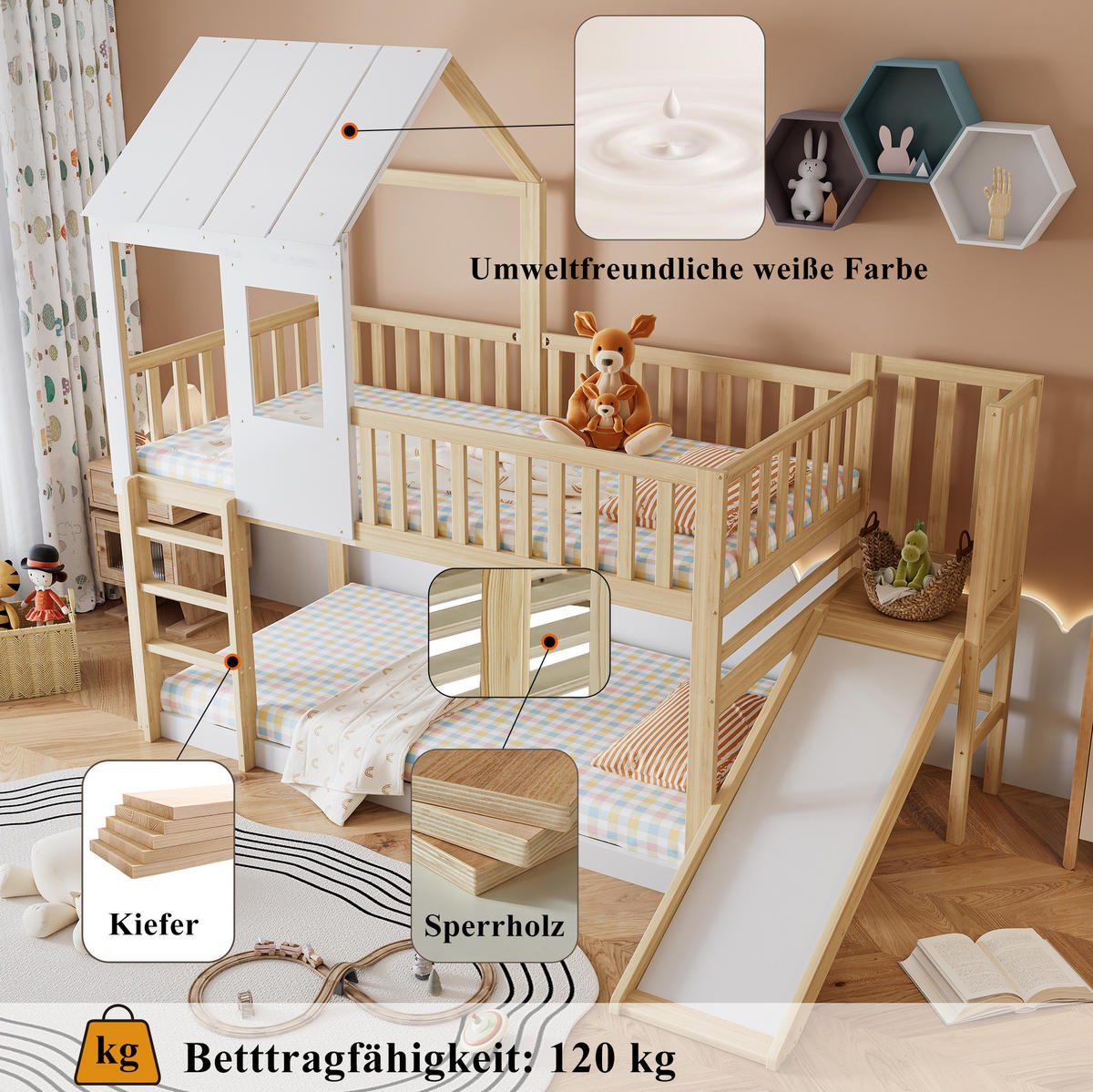 ETAGENBETT Hausbett mit Rutsche, Dach und Fenster, Natur/Weiß, 90/200 cm - Naturfarben, Holz (90/200cm) - MIVRAY