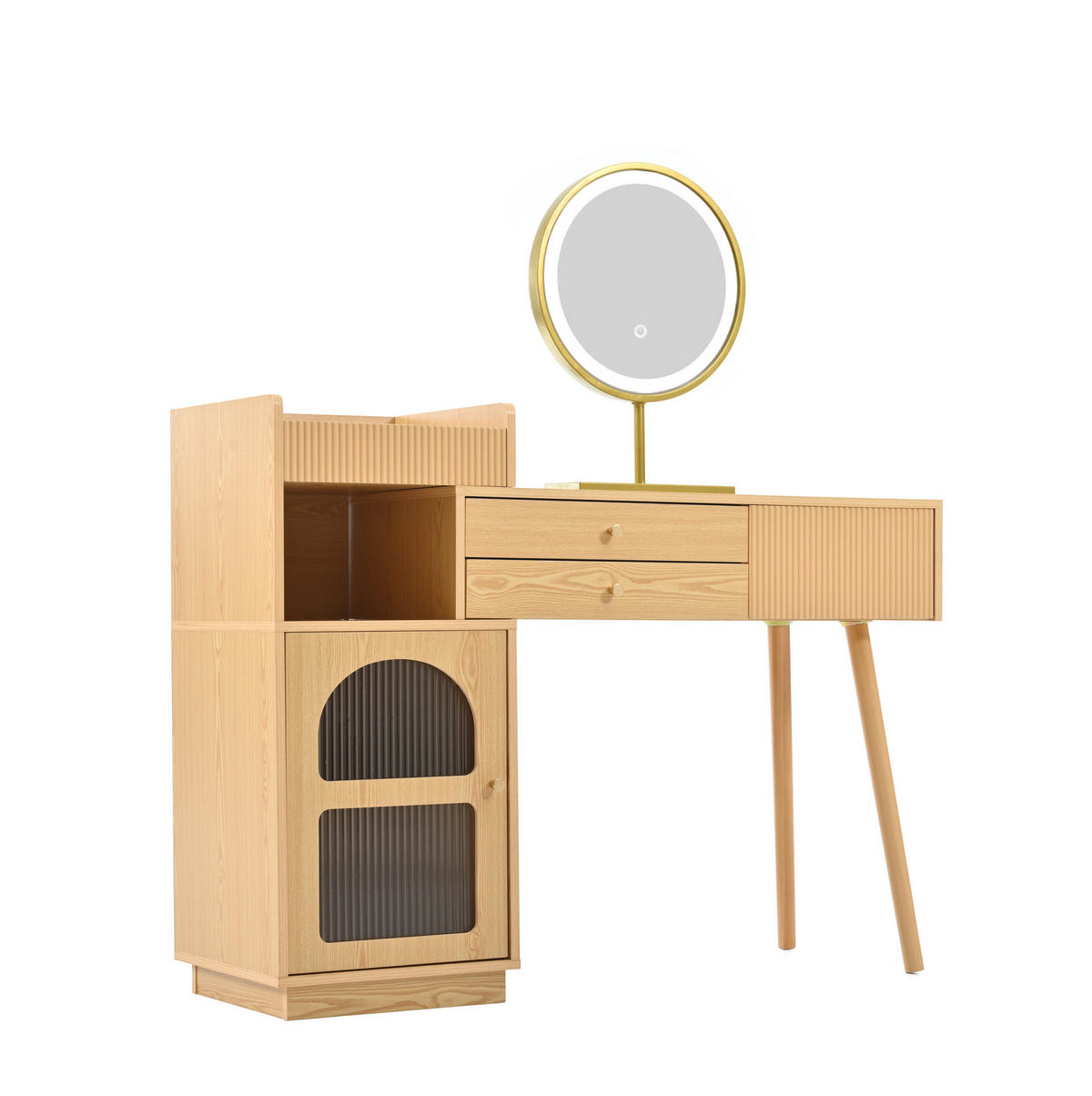 SCHMINKTISCH 120/40/90 cm in Natur mit LED-Spiegel und Seitenschrank - Naturfarben, Holzwerkstoff (120/40/90cm) - Flora Grace