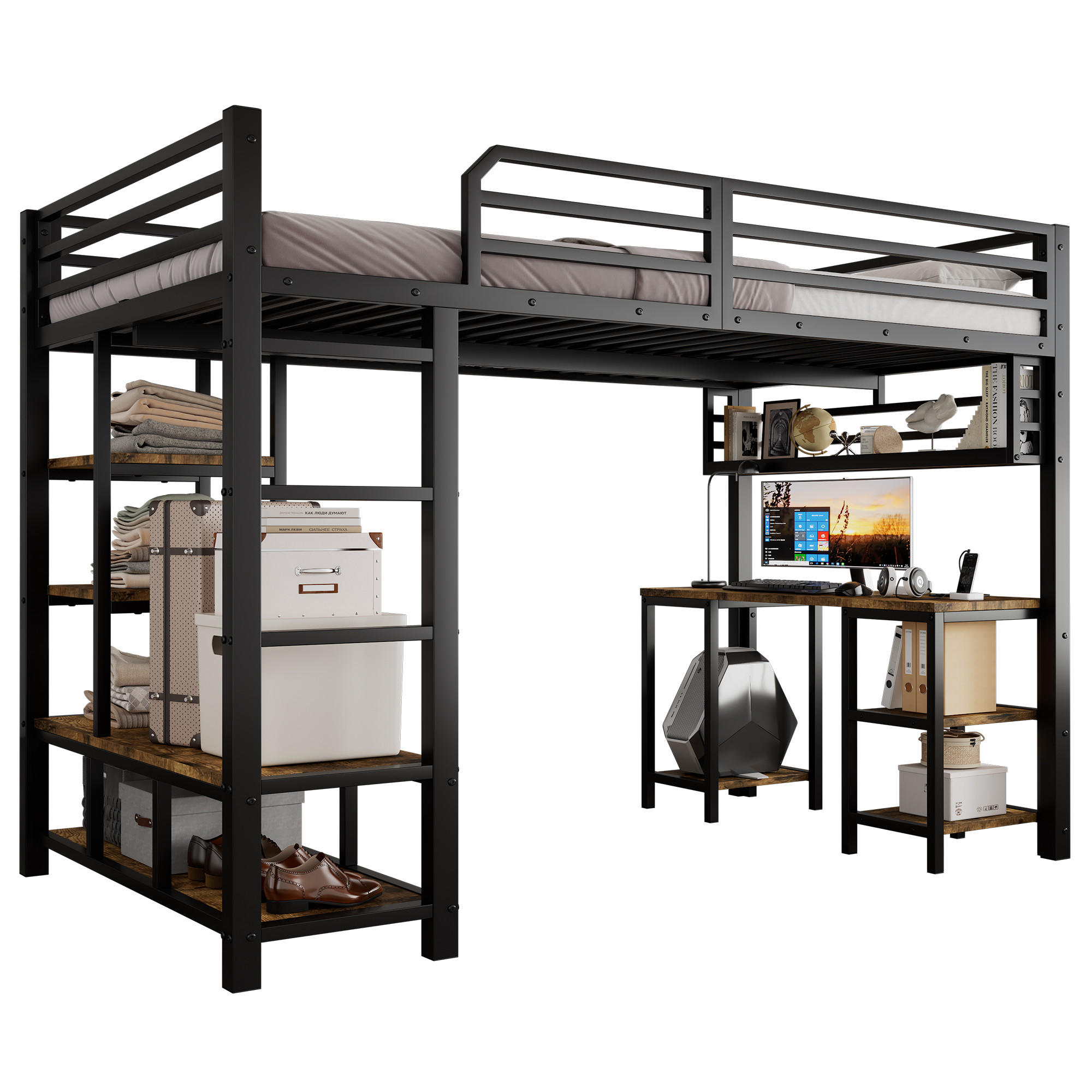 STILVORA HOCHBETT 120/200 cm in Schwarz & Dunkler Walnuss mit Schreibtisch und Ablagefläche