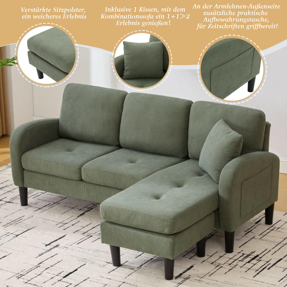 ECKSOFA L-Form Cordbezug mit modularer Chaiselongue Grün 166/118/77 cm - Grün, Textil (166/118cm) - Redom