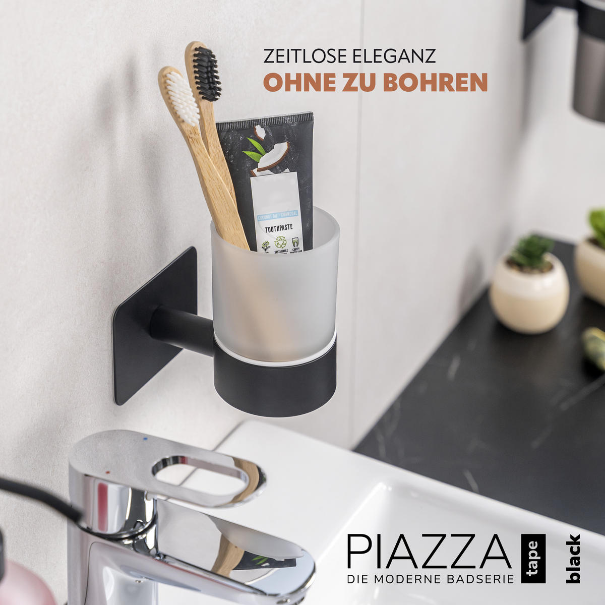 ZAHNPUTZBECHER PIAZZA mit Kleber - Schwarz, Metall (9/11/11cm) - bremermann