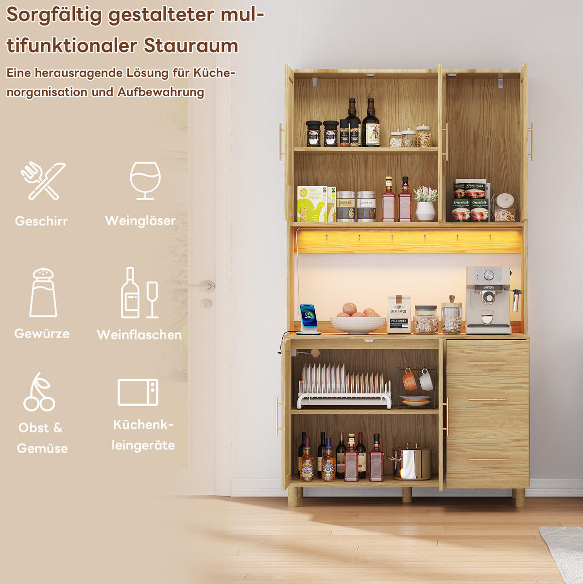 BUFFET aus MDF 100x40x183 cm Naturfarben mit LED-Beleuchtung, 2 Steckdosen, USB-Anschluss und viel Stauraum - Naturfarben, Holzwerkstoff (100/183/40cm) - Modfu