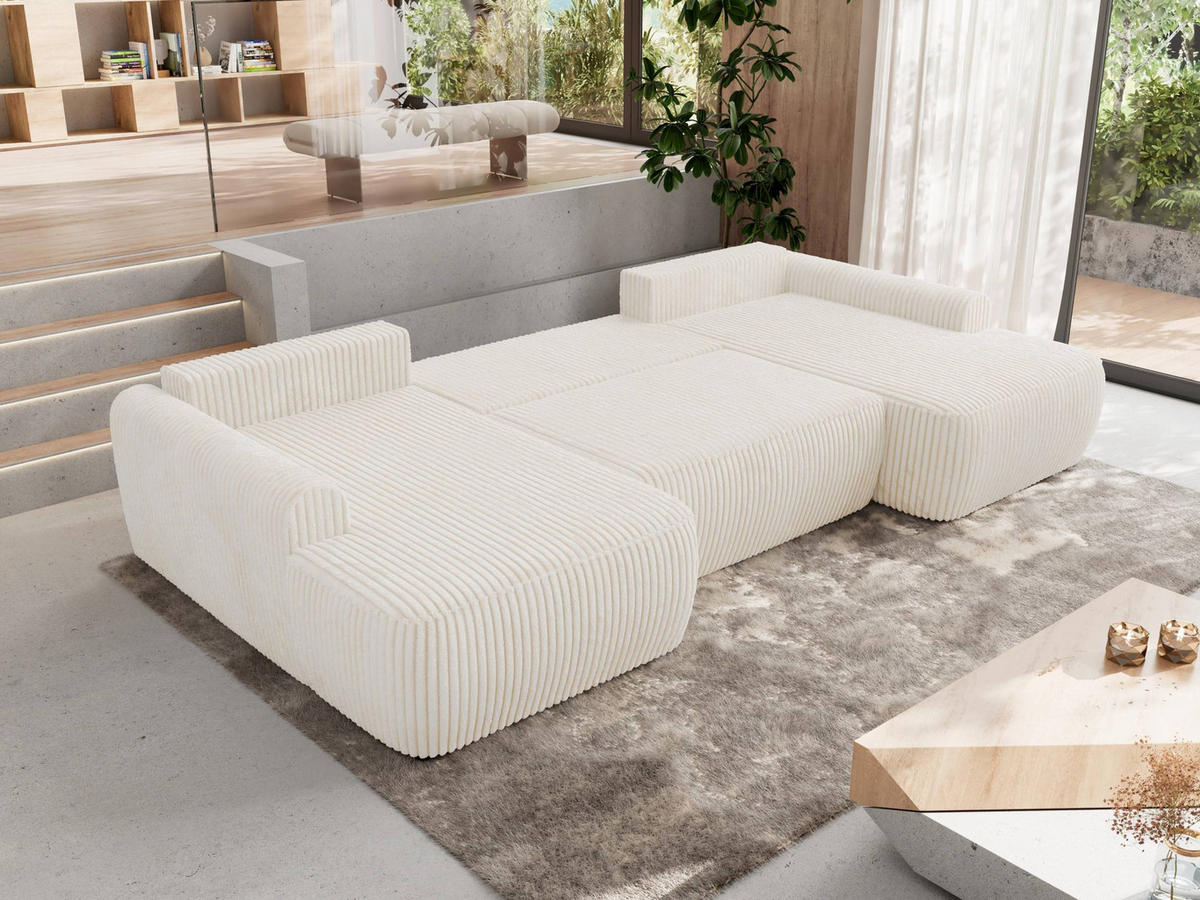 WOHNLANDSCHAFT CUBO U Creme Cord - Creme/Schwarz, Kunststoff/Textil (370/100/187cm) - MKS