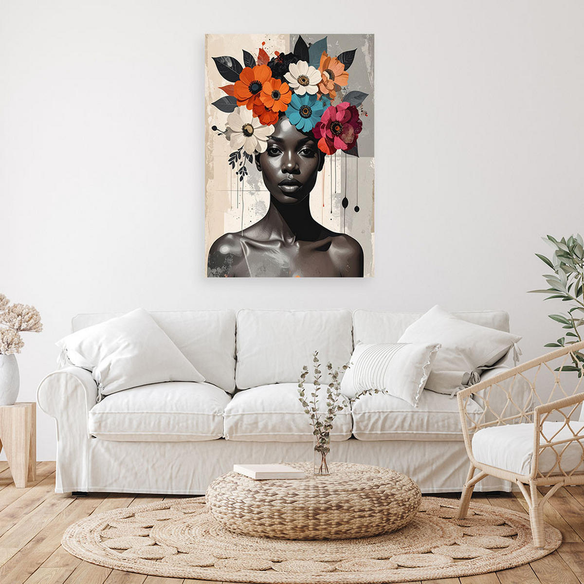 WANDBILD, Frauenporträt mit bunten Blumen im Haar - Multicolor, Textil (70/100cm) - Feeby