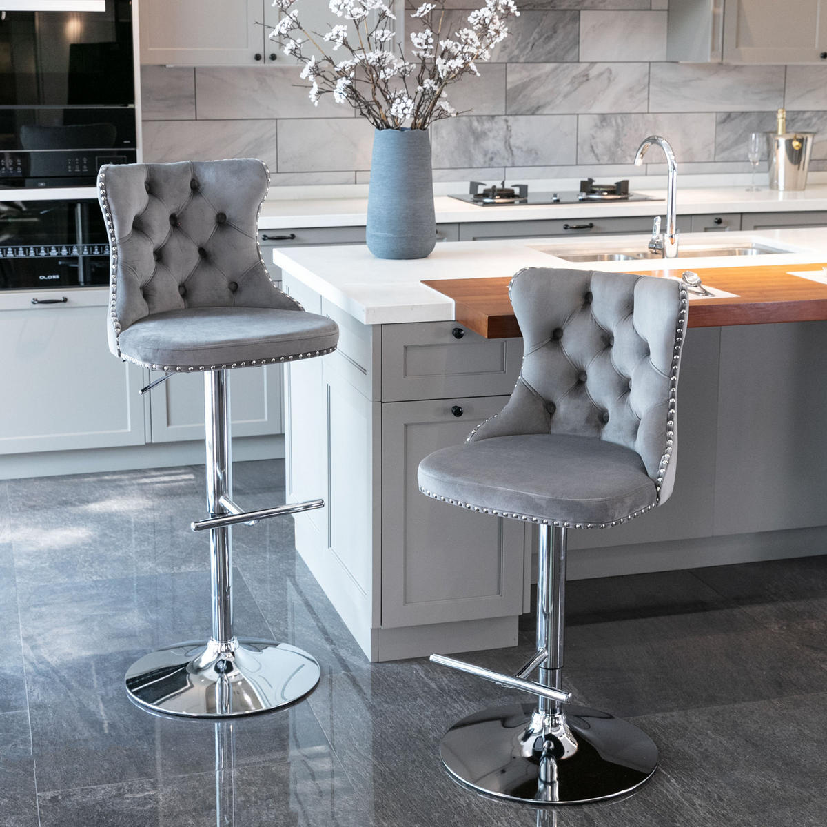 BARHOCKER 2er-Set Grau Samt mit Rückenlehne Höhenverstellbar & Drehbar - Grau, Textil (46/115/46cm) - PANGIVO