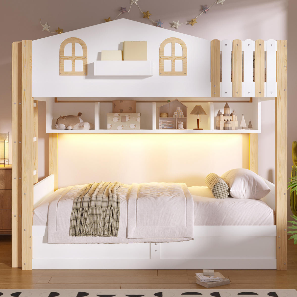 ETAGENBETT 90/200 cm Hausdesign mit Hydraulik-Stauraum und LED, DE-41987, in Weiß - Weiß, Holzwerkstoff (90/200cm) - ComfortXL