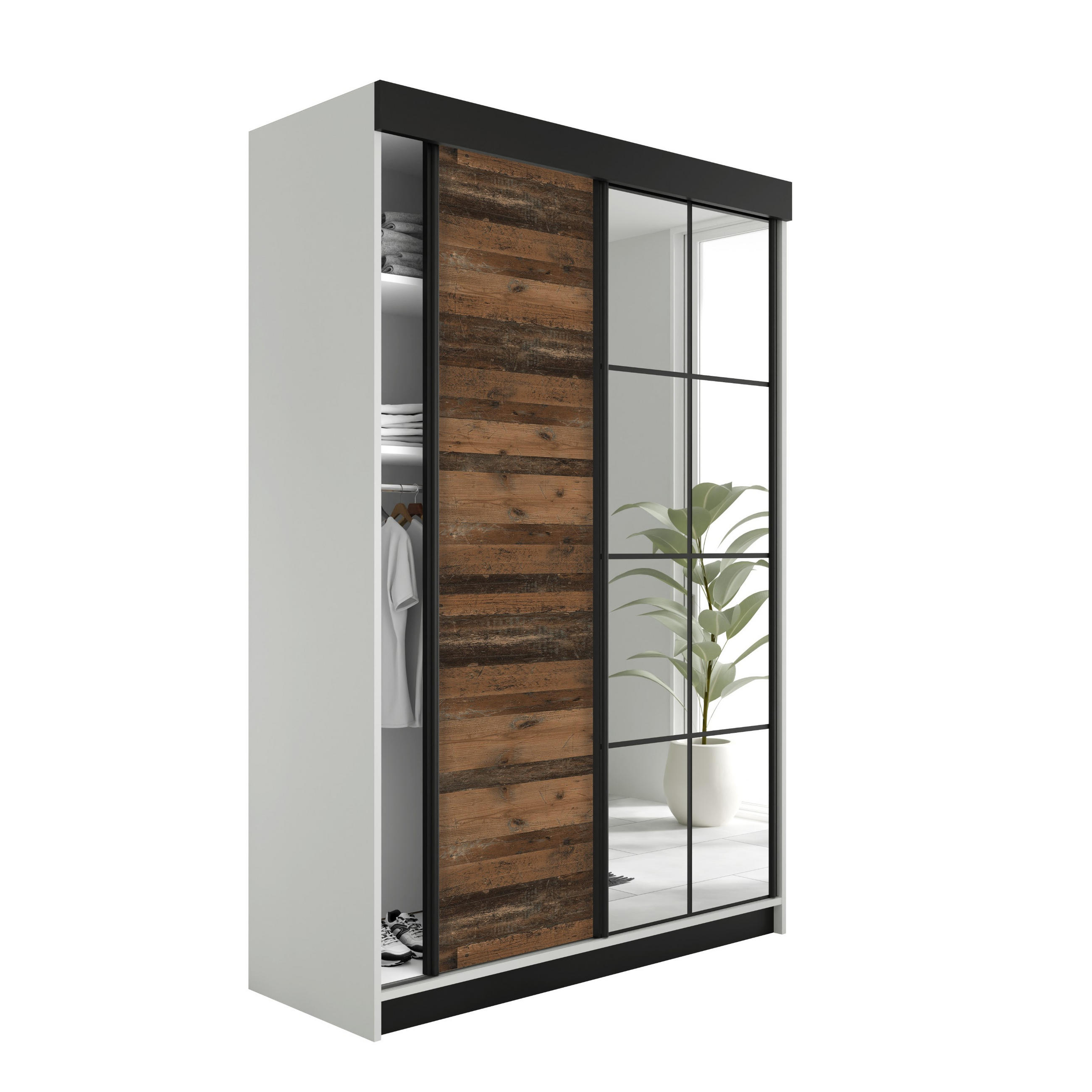 SCHIEBETÜRENSCHRANK LAMARO - 138x205x59 - Weiß & Old Style - Dunkelbraun/Weiß, Holzwerkstoff (138/205/59cm) - Kier Furniture