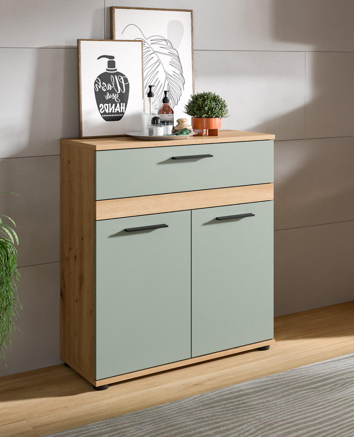 KOMMODE Salbei grün, Eiche Artisan 70 x 79 cm, Badschrank 2-türig - Salbeigrün/Schwarz, Holzwerkstoff/Kunststoff (70/79/31cm) - Inn.Furn