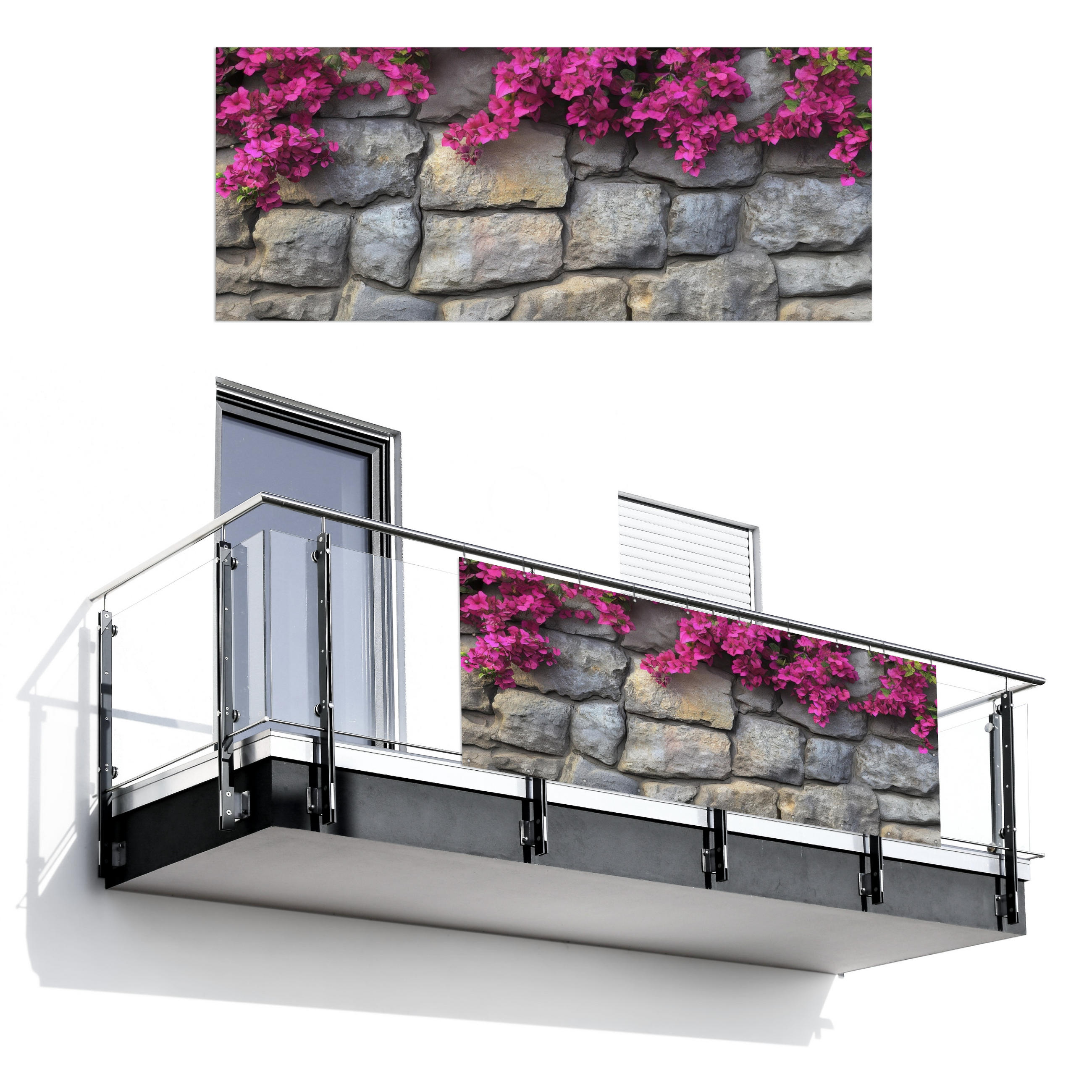 BALKON-SICHTSCHUTZ Bougainvillea - Steinmauer - Rosa - Magenta, Kunststoff (300/130cm) - MuchoWow