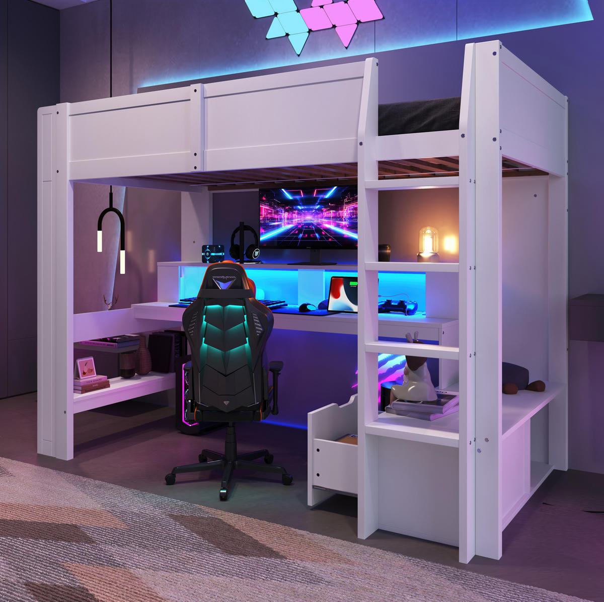 HOCHBETT 90/200 cm Weiß aus Kiefernholz und MDF mit Schreibtisch und LED-Beleuchtung - Weiß, Holz (90/200cm) - OKMYHOME