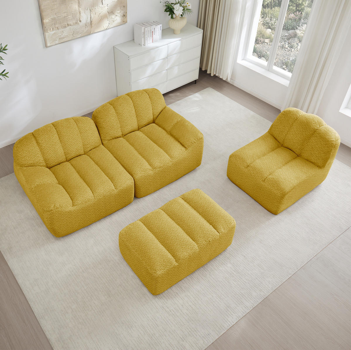 SOFA 288/165/79 cm in Gelb aus Granuliertem Fleece mit Ottoman - Gelb, Textil (165/79/288cm) - Flora Grace