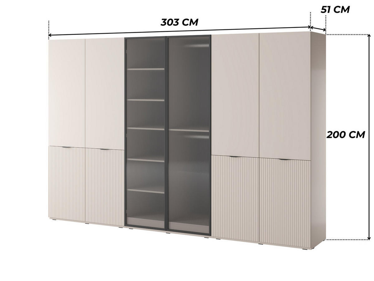 KLEIDERSCHRANK ZEN (Modular, Cashmere Matt, Cashmere & Geriffeltes Glas Flutes, 6-türig) - Kaschmir/Schwarz, Holz/Holzwerkstoff (303/200/51cm) - Ravio