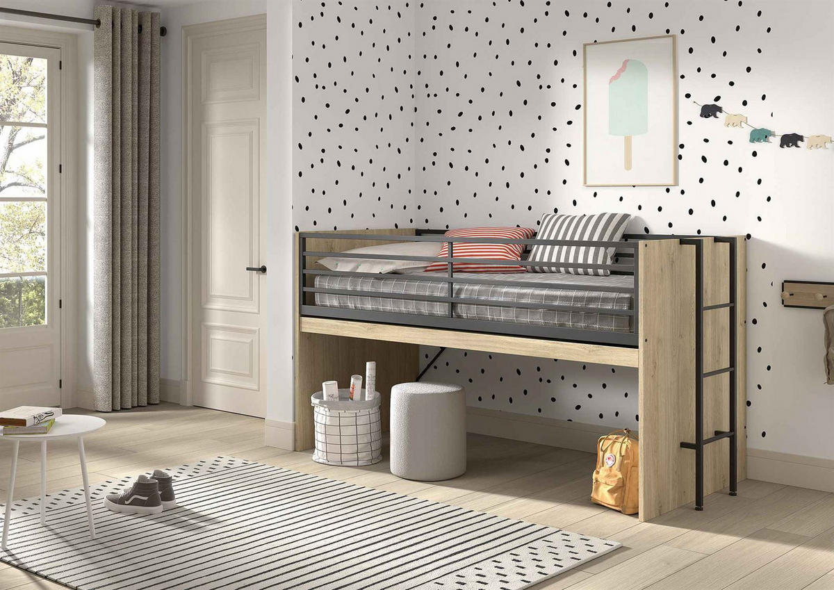 HALBHOCHBETT 90x200 Keelia Eiche mit Schreibtisch Stauraum Set - Eichefarben, Kunststoff - 58aufmkessel