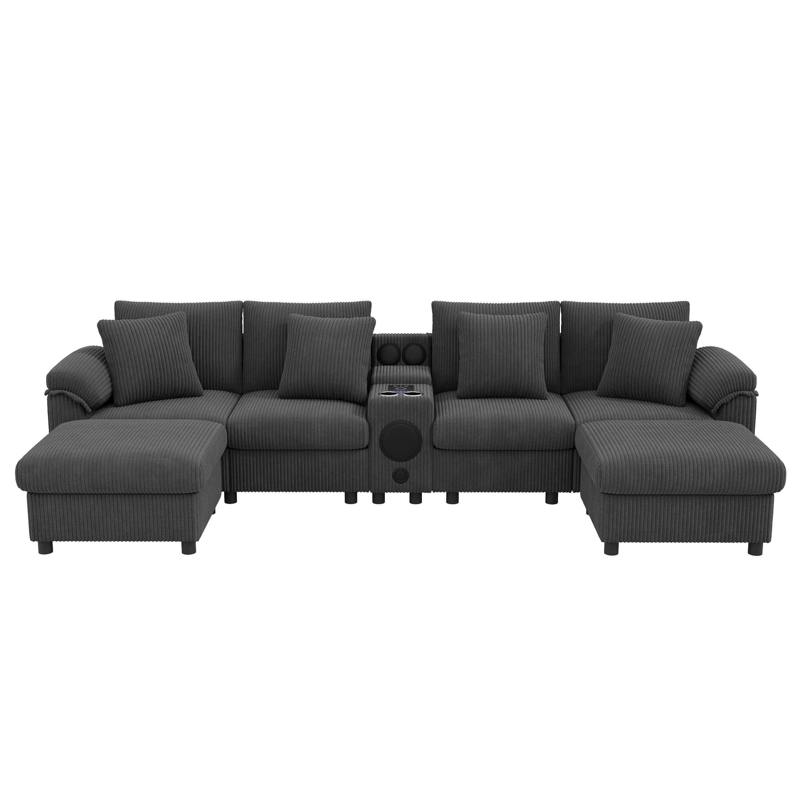 WOHNLANDSCHAFT Cord Grau mit Stauraum, Bluetooth, USB, Type-C und Getränkehaltern - Grau, Holzwerkstoff/Kunststoff (315.5/84.5/144cm) - WISHDOR