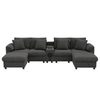 WOHNLANDSCHAFT Cord Grau mit Stauraum, Bluetooth, USB, Type-C und Getränkehaltern - Grau, Holzwerkstoff/Kunststoff (315.5/84.5/144cm) - WISHDOR