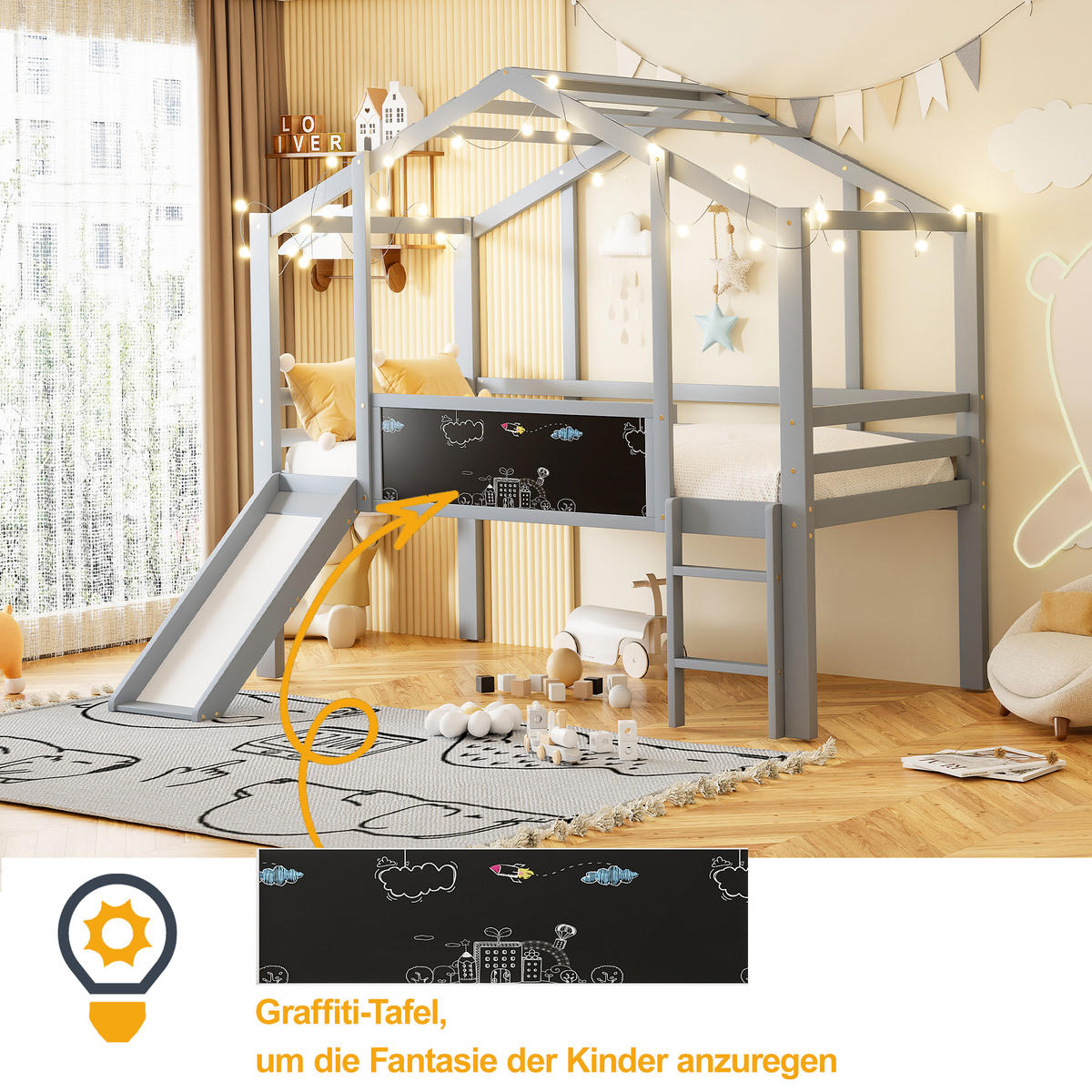 KINDERBETT 90x200 Massivholz Dachdesign Rutsche Leiter Tafel Grau - Grau, Holzwerkstoff - FLIEKS