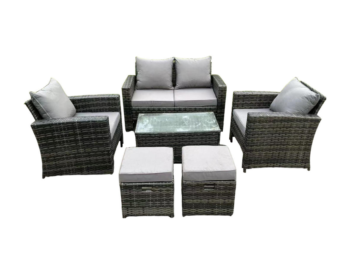 GARTENMÖBEL-SET Polyrattan Dunkelgrau 6-Sitzer - Dunkelgrau, Metall - Fimous