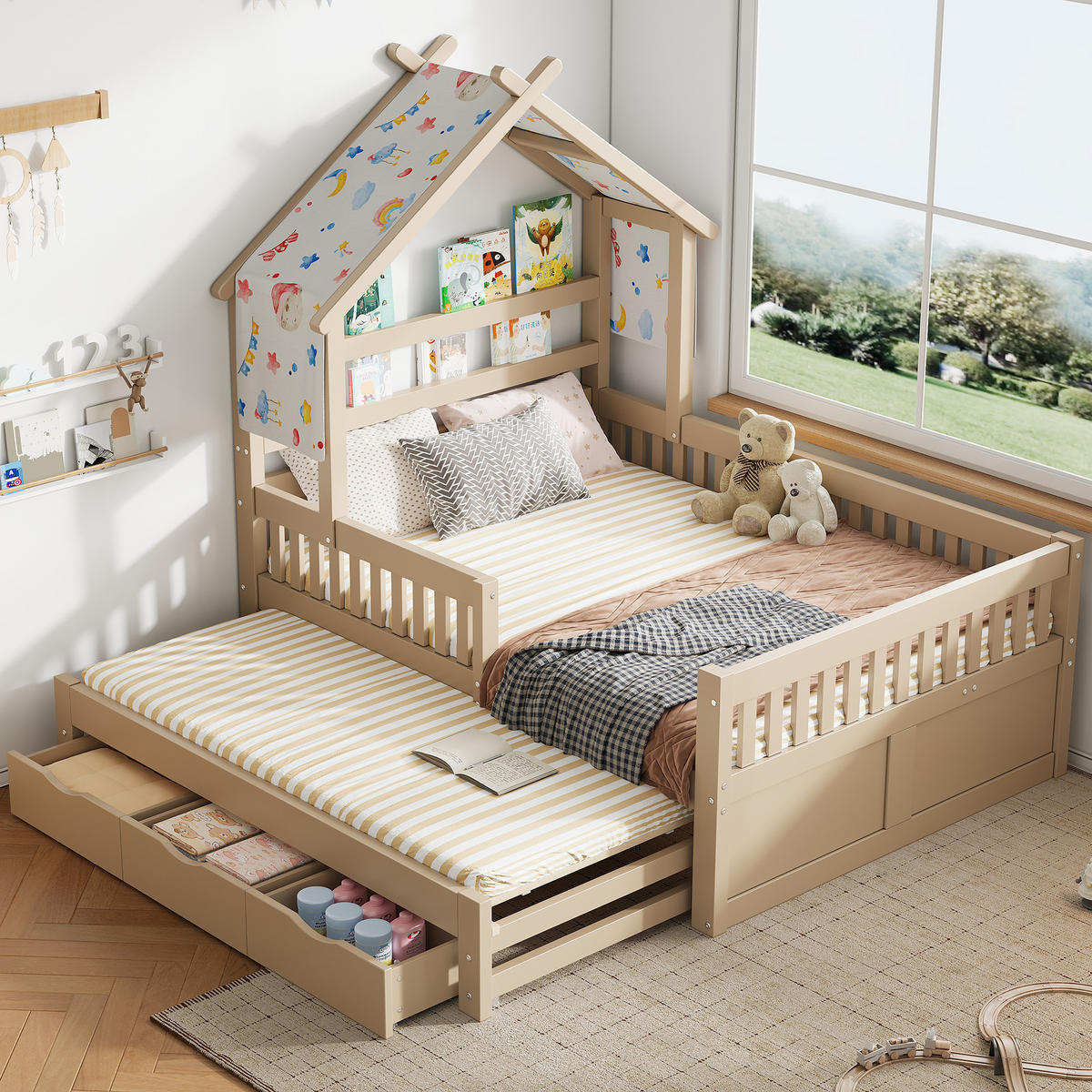 HAUSBETT 140/200 cm DE-03356, mit Ausziehbett, 3 Schubladen und Sicherheitsgittern, in Natur - Creme, Holz/Holzwerkstoff (140/200cm) - ComfortXL