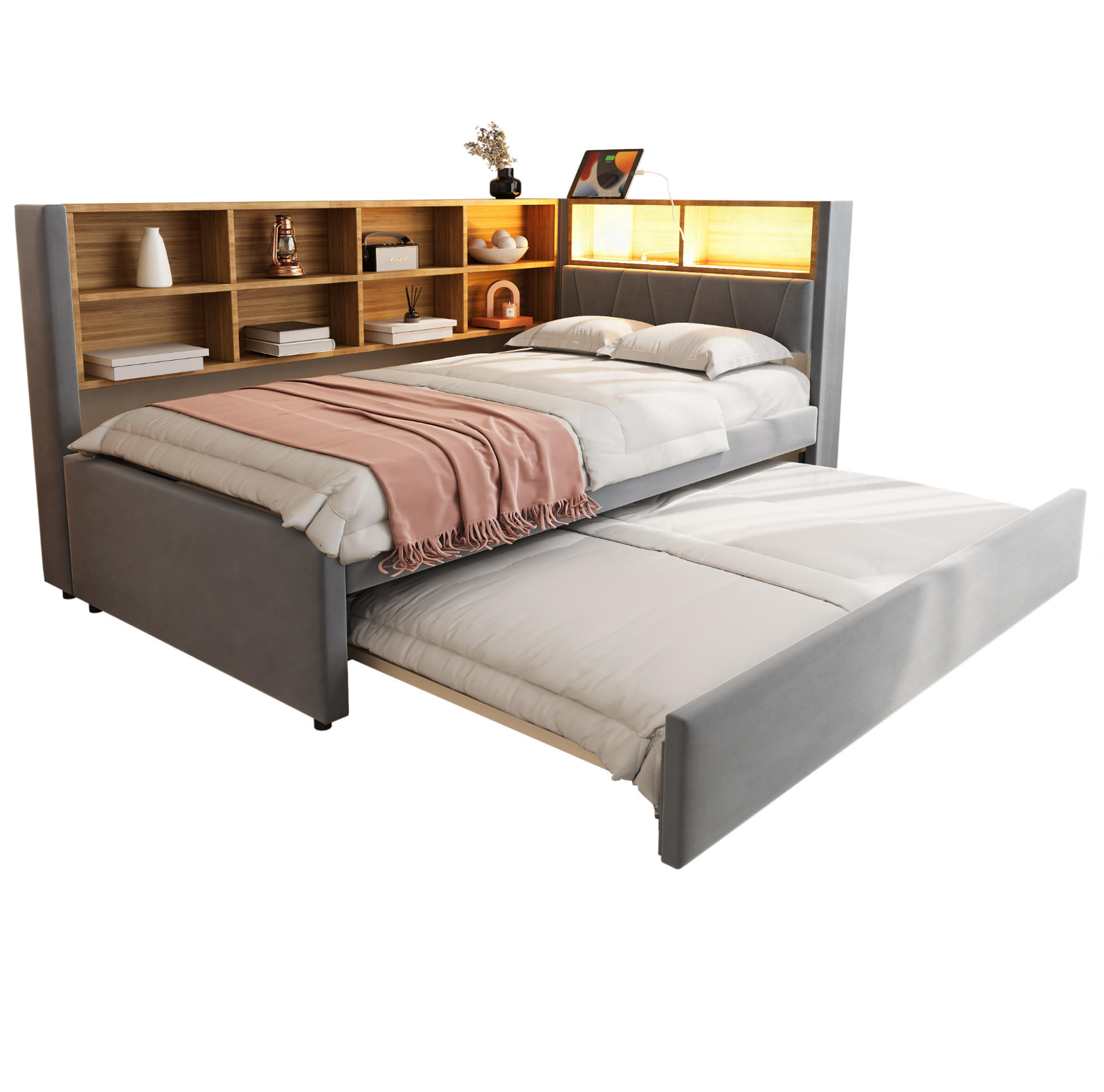 POLSTERBETT 90/200 cm Dunkelgrau mit Stauraum, LED-Beleuchtung und USB/Type-C - Dunkelgrau, Textil (90/200cm) - Flora Grace