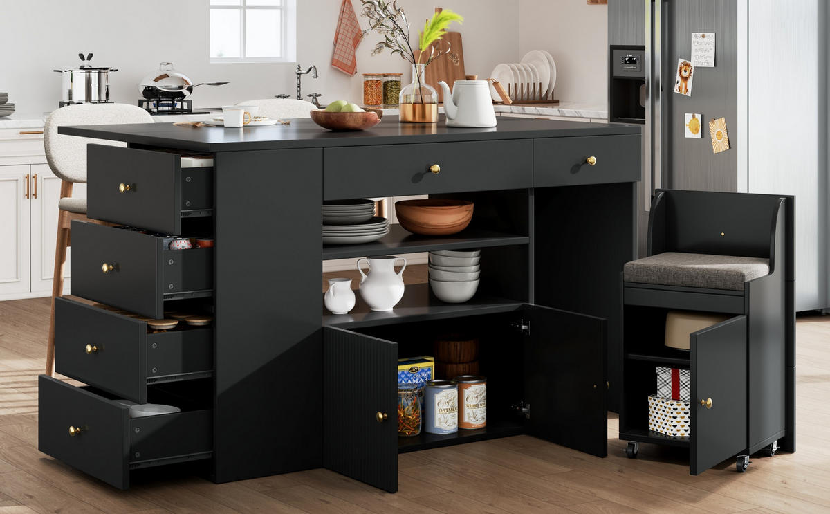 KÜCHENINSEL 140/40-70/89 cm aus MDF und Metall mit Hocker und viel Stauraum Schwarz - Schwarz, Holzwerkstoff (140/89/70cm) - Modenvie