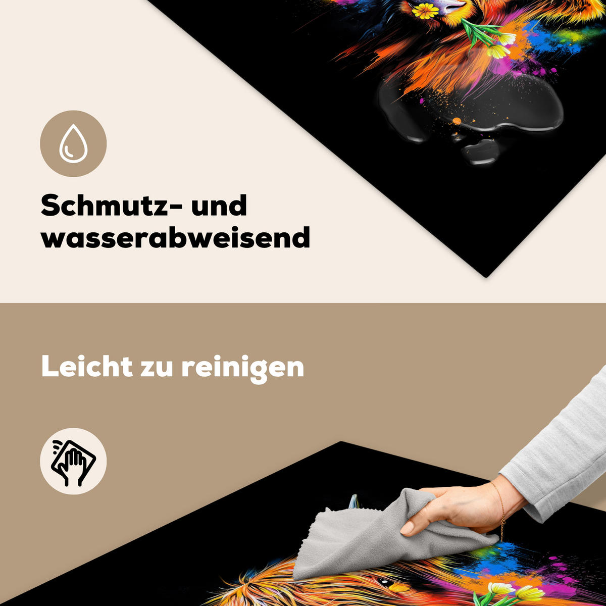 HERDABDECKPLATTE Schottischer Highlander - Graffiti - Bunt - Blume - Tiere Induktionsmatte 78x78 cm - Multicolor, Kunststoff (78/78/0.2cm) - MuchoWow