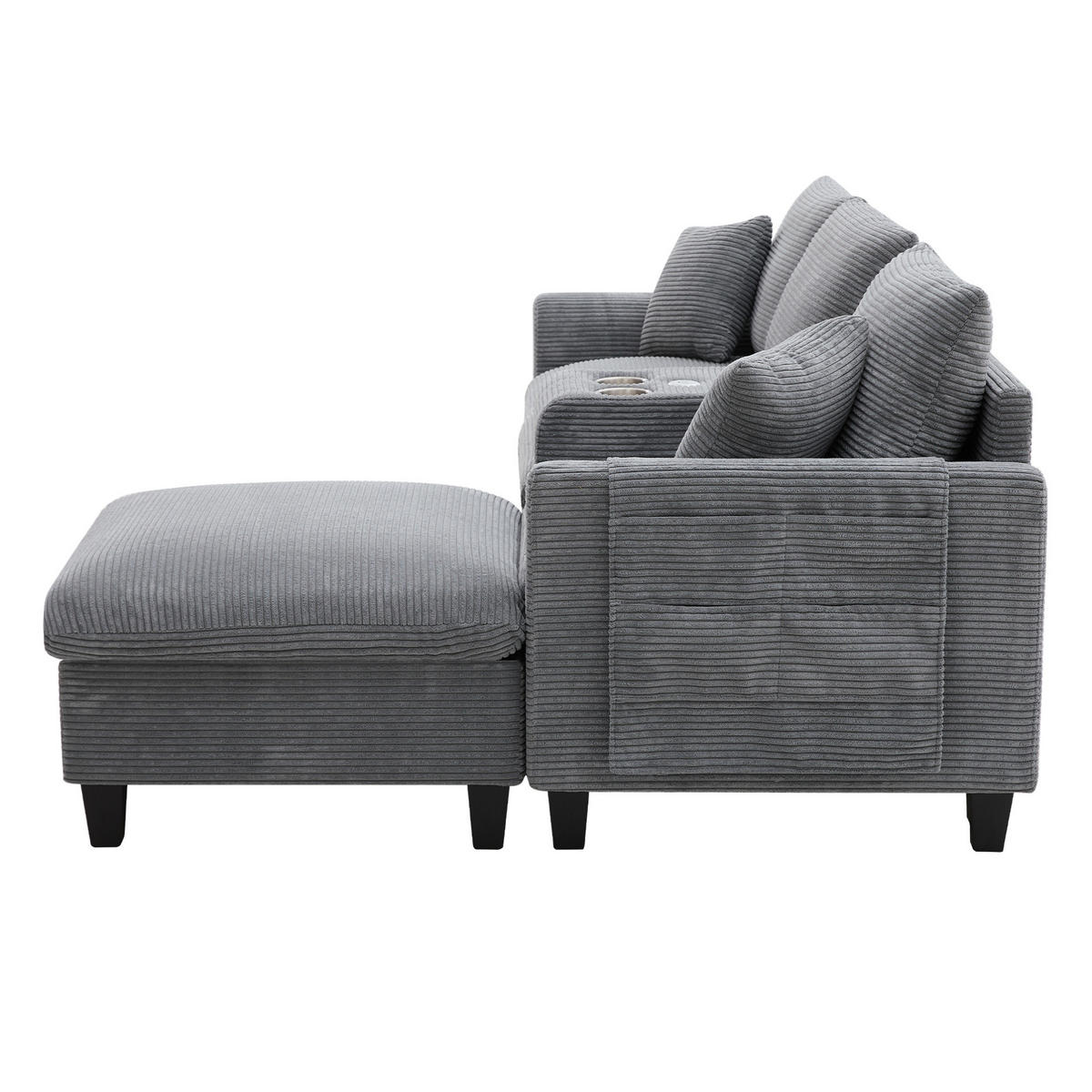 WOHNLANDSCHAFT aus Cord 229x149,5x83 cm Grau mit USB-Anschlüssen, Mittelkonsole, Becherhaltern und Stauraumhocker - Grau, Textil (149.5/229cm) - Modfu