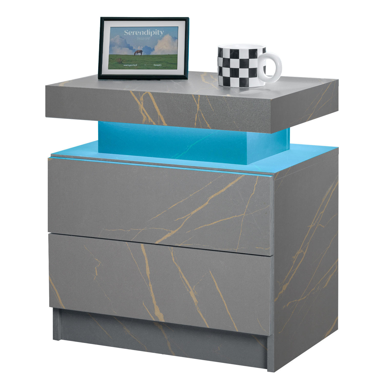 NACHTTISCH 50/53/36 cm Grau und Gold aus Holzwerkstoff mit LED-Beleuchtung und 2 Schubladen - Grau, Holzwerkstoff (53/36/50cm) - OKWISH