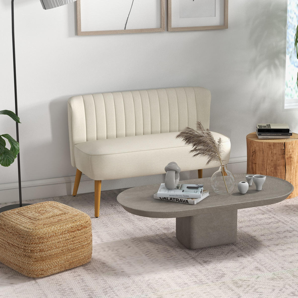 SOFA 2-Sitzer Couch Stoffsofa Sitzmöbel Polstersofa Loungesofa breit Cremeweiß - Creme/Naturfarben, Holz/Textil (56.5/77/117cm) - HOMCOM
