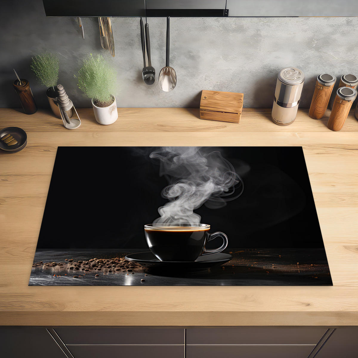 HERDABDECKPLATTE Kaffee - Schwarz - Bohnen - Heiß - Tasse Ceranfeldabdeckung 80x52 cm - Schwarz, Kunststoff (80/52/0.2cm) - MuchoWow