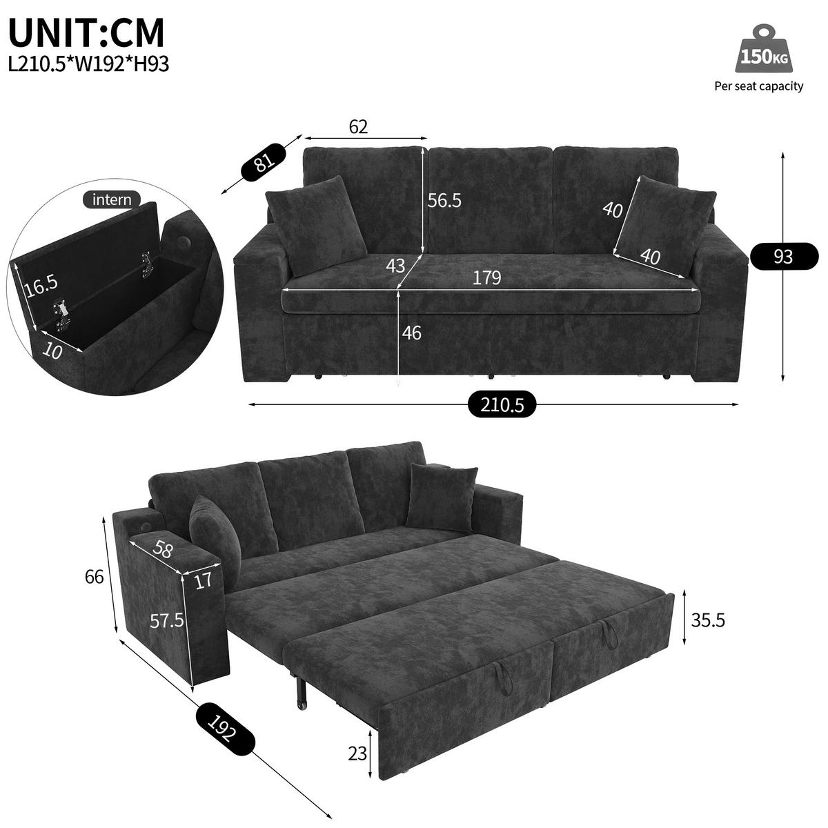 SCHLAFSOFA mit Schlaffunktion, USB, Stauraum, Grau, 210,5/192/93 cm - Grau, Textil (210.5/93/192cm) - EVRYAE