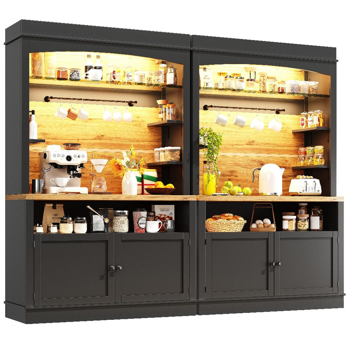KÜCHENSCHRANK MIT LED-BELEUCHTUNG, Anrichte, MDF, Schwarz, 107/184/43 cm - Schwarz, Kunststoff (47/104/184cm) - Rolipo